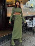 Picsgirl -  Fashion Solid Slim 2 Piece Skirt Set Long Sleeve Short T-shirt High Waist Pockets Skirt Suit Autumn Elegant Office Outfit