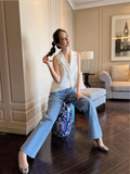 PICSGIRL -  Chic Diamond Design Blue Distressed Relaxation of Tall Waist Wide Legged Pants Women 2024 Spring Autumn Hollow Out Ladies Jeans