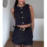 PICSGIRL  -  Elegant Tweed Vest Belt Mini Shorts Suit Women 2024 High Waist Black Textured Skirt Short 2 Pieces Set Lady Fashion Skort Outfit