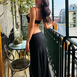 PICSGIRL  -  Women Sexy Skirt Two Piece Set Spaghetti Starp Backless Crop Top and Bow Patchwork Split Midi Bodycon Skirt Suit Summer Dresses