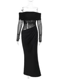 PICSGIRL  -  Women Autumn Evening Party Dresses Elegant Slash Neck Off Shoulder Mesh Patchwork See-through Folds Long Black Dress High Street