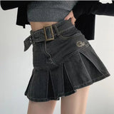 PICSGIRL  -  Denim Pleated Mini Skirt Vintage Sexy High Waist A-line Belt Women Embroidery Jean Short Skirt Summer Japanese Y2k