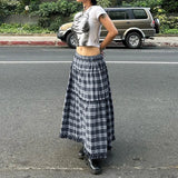 PICSGIRL  -  Y2K Frill A-line Skirt Women Streetwear Plaid Print Grunge Style Low Waist Loose Long Skirts Preppy Fashion Outfits