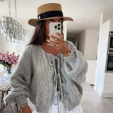 PICSGIRL  -  Fashion Lace Up Bow Knitted Cardigan Woman O Neck Long Sleeve Hollow Out Sweater Coat Autumn Female Casual High Street Knitwear