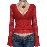 PICSGIRL  -  Slim Fitting Lace Top Y2k Clothing Women's Perspective V-neck Long Sleeved T-shirt Fairy Sexy 2000s Street YDL04