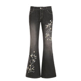 PICSGIRL  -  Plant Printed Embroidery Y2K Flare Jeans Women Vintage Skinny Boot Cut Trousers Fashion Street 2000s Denim Pants Fall