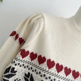 PICSGIRL  -  Vintage  Fair Isle Crew Neck Jumper Heart Pattern Knitted Pullovers Christmas Sweater Holiday Knitwear Autumn Women Outerwear