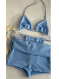 PICSGIRL  -  Bikini with Pants Swimwear Women Sexy Halter Tie Knot Two-Piece Bikini Set Soild Swimsuit Shimmer Bathing Suit Summer