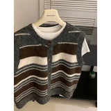 PICSGIRL  -  Vintage Striped Sweater Vest Women Korean Cropped Knitted Cardigan Waistcoat Patchwork Sleeveless Knitwear Fall Winter Jumpers