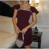 PICSGIRL  -  Rhinestone Solid Women Dresses Slim Square Collar Female Mini Dress 2025 Sexy Fashion Flying Sleeve Summer Lady Cocktail Robes