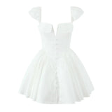 PICSGIRL  -  White Sexy Party Dresses  New Arrivals V Neck Cape Sleeve Dress Mini Casual Birthday Fluffy Skirt Dress