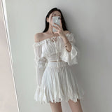 PICSGIRL  -  Flare Sleeve Slack Neck Shirts+Ruffle Skirt Vacation Summer 2 Piece Set Fashion Solid T-shirts And Pleat A-line Short Skirts Set