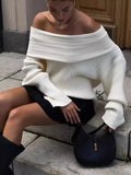 PICSGIRL  -  Elegant Oversize Knitted Thick Pullover Winter Fashion Slash Neck Full Sleeve Gray White Warm Women Sweater Streetwear