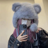 PICSGIRL  -  Winter Bear Ears Hat with Strap Pompom Women Fluffy Fur Fleeze Ear Protection Beanies Outdoor Windproof Cold Warm Plush Bonnet