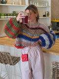 PICSGIRL  -  Causal Knitted Striped Sweaters Women Retro Rainbow Stripes O-neck Pullover Sweater Female Autumn Chic Loose High Street Tops