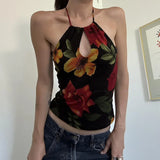 PICSGIRL  -  American Retro Plant Flower Print Hanging Neck Hollow Small Tank Top for Women's 2024 Summer Spicy Girl Foreign Trade New Top