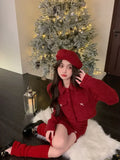 PICSGIRL  -  New Year's Robe Red Skirt Set Autumn/Winter Christmas Dress Up High End Sweet Short Coat Mini Skirt Two Piece Set Women Outfits