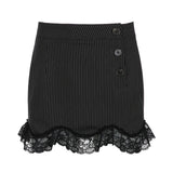 PICSGIRL  -  Y2k Cute Striped Black Skirt Lace Trim Button Up High Waist Mini Skirts Womans Clothing Summer 2024