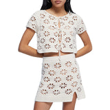 PICSGIRL  -  Women Knitted Cover Ups Set Hollowed Flower Hole Short Sleeve Tie-up Crop Top with Slit Mini Skirt Party Clubwear