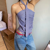 PICSGIRL  -  Blue Stripe Printed Tie Design Button Up Crop Top Shirt Asymmetrical Tank Tops Y2k Korean Fashion Clothing