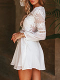 PICSGIRL  -  Long Sleeve Beach Dress Sexy White Backless Lace Dress Summer V-neck Elegant Women Hollow Out Short Dress Lace Up