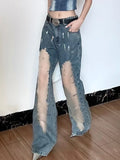 PICSGIRL  -  Spliced Hollow Out Casual Jeans for Women Y2k Streetwear Retro Baggy Kpop Boot Cut Denim Pants Harajuku Hip Hop Trousers