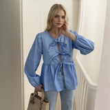 PICSGIRL  -  Solid Casual Shirt Women Lace Up O-neck Ruffled Hem 2024 Spring Summer Lantern Sleeve Shirts Female All-match Office Top Blouse