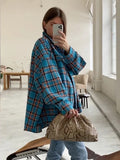 PICSGIRL -  Vintage Plaid Blouses Womans Loose Long Sleeve Shirt Autumn Winter Casual Single Breasted Shirt with Pockets Female Tops