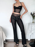 PICSGIRL  -  Mesh Sheer Lace Stitching Crop Top And Flare Pants Women Y2k Summer See Through Sexy Club Party Two Piece Pants Set