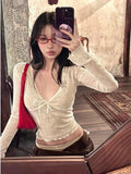 PICSGIRL  -  Summer Coquette Aesthetic Mesh T Shirts Women Vintage V Neck Lace Bow Cropped Tops Y2k Sexy Slim Fit Long Sleeve Tee Shirts New