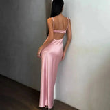 PICSGIRL  - Pink Satin Sling Prom Maxi Dress Women Sexy Chic Backless Sleeveless Slim Robe 2024 Fashion Evening Party Suspender Long Dresses