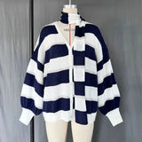 PICSGIRL  -  Striped Knit Sweater Cardigan With Scarf Women Casual V Neck Lantern Sleeve Coat 2024 Autumn Chic Contrast Lady Fashion Knitwear