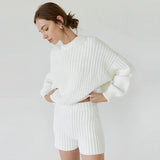 PICSGIRL  -  Knitted Solid Women Sweater Sets Crochet O Neck Full Sleeves Lady Pullover Set 2024 Autumn Casual Fashion Wide Leg Shorts Suit