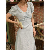 PICSGIRL  -  Sky Blue Summer French Pearl V-Neck Vintage Embossed Jacquard Dress with Waist Slim Design Medium Length Skirt