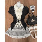 PICSGIRL  -  Ballet Style Sweet Witch Black Waist Slimming Lolita Shirt Grey Splicing Lace Plaid Short Skirt Set Two Piece Set Women Outfits