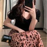 PICSGIRL  -  Pink Leopard Print Skirt Sweet Cool Cute Thin Mid-length A-line Skirt Spring/Summer Women Vintage Outerwear Clothing