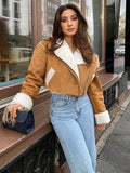 PICSGIRL  -  Winter Women Thick Warm Suede Lamb Jacket Short Motorcycle Brown Coats Faux Shearling Sheepskin Leather Jackets Outwear