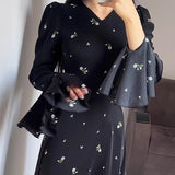 PICSGIRL  -   Literary Retro Style Women's Black Floral Dress V Neck Long Flare Sleeved High Waist Ruffles Casual Elegant Long Dress