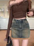 PICSGIRL  -  Spring and Autumn Hairy Splicing Denim Skirt Spicy Girl New Fashion Punk Style Plush High Waist Slimming Short Skirts for Women