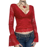 PICSGIRL  -  Slim Fitting Lace Top Y2k Clothing Women's Perspective V-neck Long Sleeved T-shirt Fairy Sexy 2000s Street YDL04