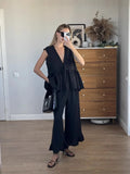 PICSGIRL  -  Black Elegant Summer Suits For Women New V Neck Lace-up Sleeveless Tank Top+Ruffle Trouser Fashion Casual Pants Sets 2 Piece Set