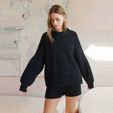 PICSGIRL  -  Knitted Solid Women Sweater Sets Crochet O Neck Full Sleeves Lady Pullover Set 2024 Autumn Casual Fashion Wide Leg Shorts Suit