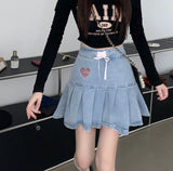 PICSGIRL  -  New Harajuku Denim Mini Skirt Women High Waist Bow Lace-up Pleated Skirt Preppy Style Japanese Girl Kawaii Skirts Y2k