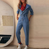 PICSGIRL  -  Women Slim Denim Jumpsuits Long Pants Rompers Springturn Down Collar Loose One Piece Full Sleeve Tight High Waist Overalls