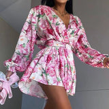 PICSGIRL  -  Spring Fashion Flower Print Short Jumpsuit Women Elegant V Neck Lace-up Romper Playsuits Autumn Long Sleeve Office Lady Overalls