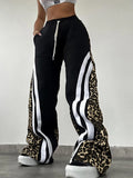 PICSGIRL  -  Chic Leopard Patchwork Women Pants Loose High Waist Drawstring Contrast Wide Leg Pant 2024 Autumn Lady Street Vintage Trousers