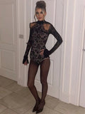 PICSGIRL  -  layered look inspo Sexy Hollow Out See Through Lace Women Romper Black Long Sleeve Turtleneck Bodysuit Winter Skinny Elegant Party Clubwear