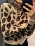 PICSGIRL  -  Leopard Print Knit Sweater Cardigan For Women O-Neck Jacquard Long Sleeve Knitted Jacket 2025 New Casual Female Outwear