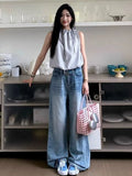 PICSGIRL  -  Y2k Vintage High Waisted Blue Washed and Distressed Jeans Women American Retro Streetwear Harajuku Baggy Trousers 2000s