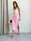 PICSGIRL  -  Slit Pink Skirt for Women, High Waist Aesthetic, Slimfit, Hot Summer Dress, Zipper, Korean Fashion Clothing